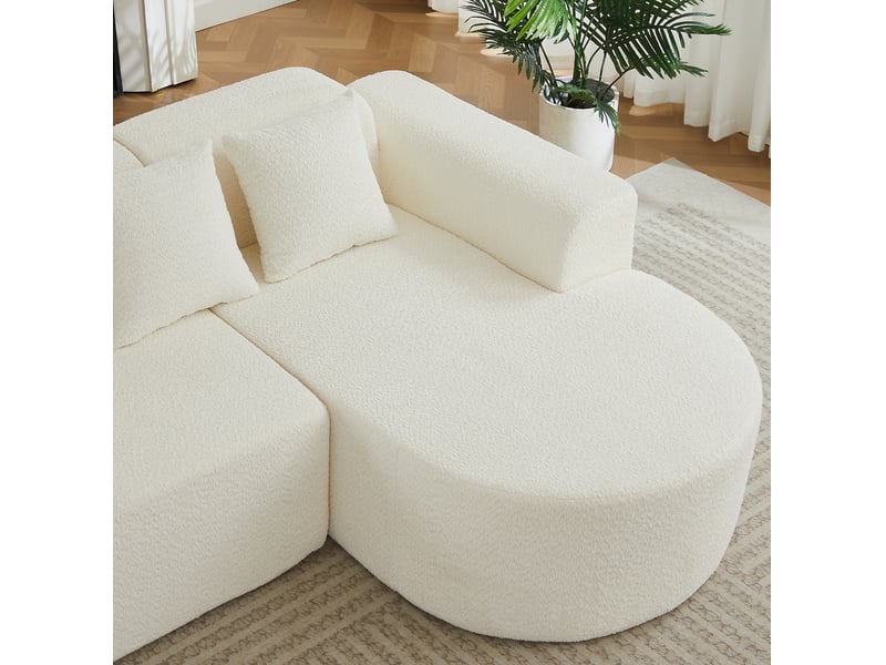 Canapé d'angle droit 3 places 222x157x73 cm crème en tissu chenille, 3 coussins de dossier, design arrondi - Conforama E
