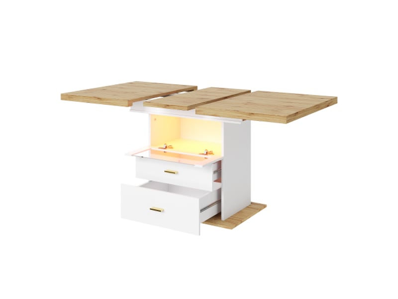  Table à manger extensible led, commande via app, 110-140 cm, rangement intégré, mdf bois, cuisine-salle à manger  - Conforama E