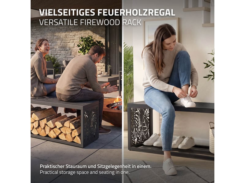  Ml-design range-bûches pour intérieur et extérieur avec banc, acier galvanisé, conception 2-en-1 motif feuilles, rangement bois de chauffage, support d'empilage résistant aux intempéries, 120x38x43 cm ECD Germany GmbH - Conforama E