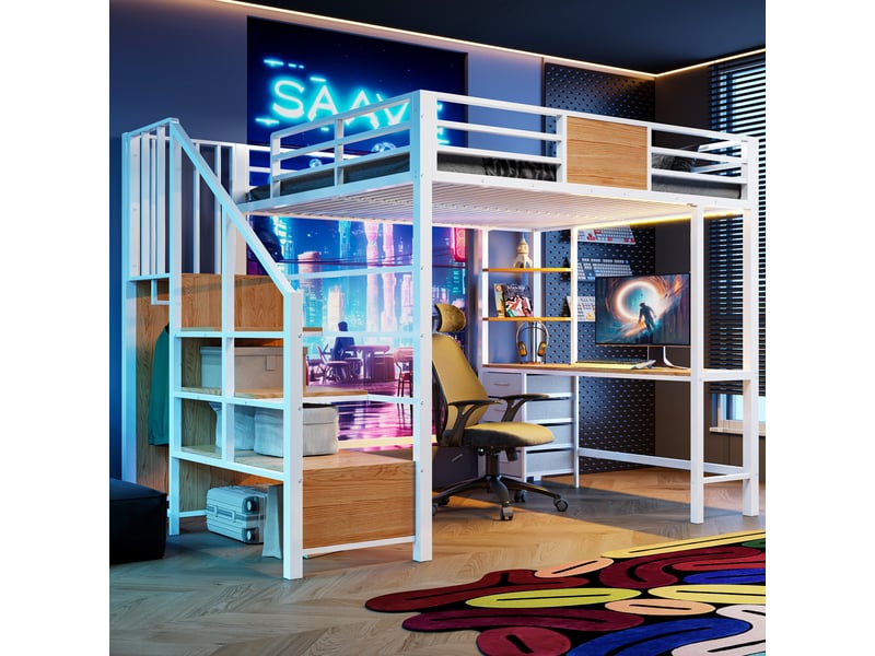  Lit superposé 140x200 cm, lit enfant, bureau, penderie, led, prise intégrée, métal blanc  - Conforama A
