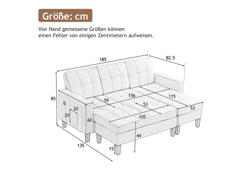  Canapé d’angle modulable 3 places 185x135x85 cm avec méridienne, pouf coffre mobile, éclairage led, canapé convertible port usb et rangement - gris  - Conforama C