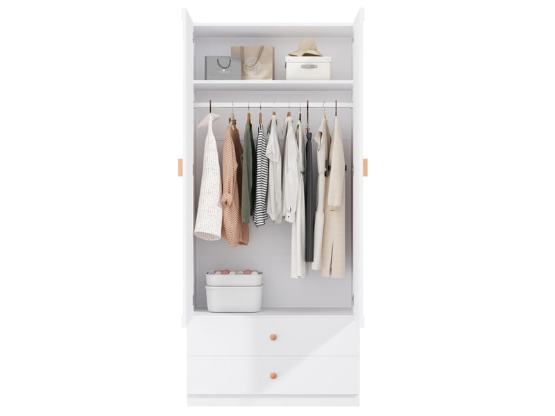  Armoire penderie 2 portes 90 x 45 x 200 cm blanche mdf et acier, 2 tiroirs, tringle et rangement  - Conforama A