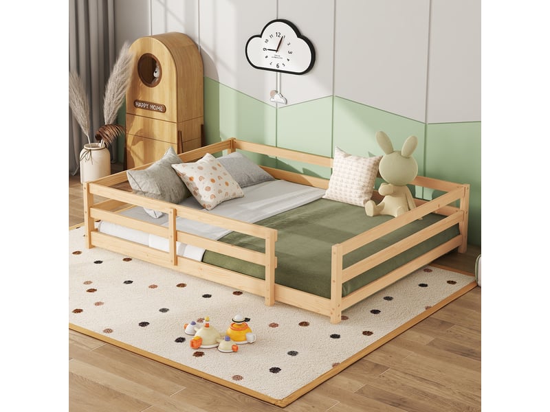 Lit enfant 140x200 cm - lit au sol 140x200 cm - avec barrière de sécurité - facile à assembler - bois de pin - naturel - Conforama B