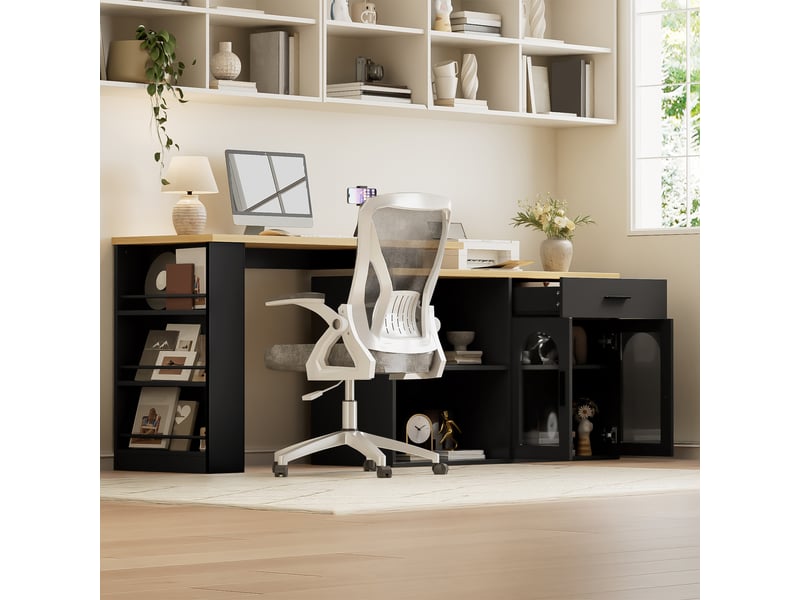  Îlot de cuisine fixe avec plateau pivotant à 360°, buffet de rangement avec tiroir et étagères, table de bar en mdf, noir et naturel  - Conforama W