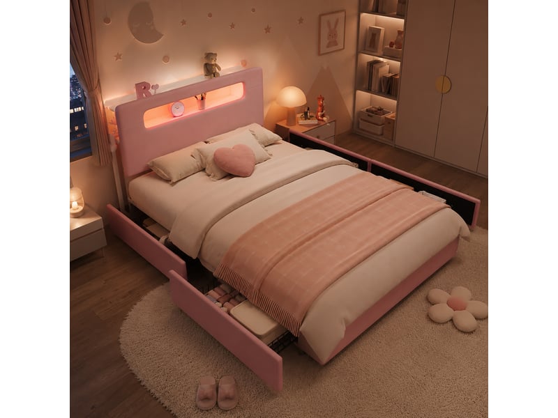 Lit enfant rembourré 140x200 cm en velours avec rangement, tête de lit avec étagères, 4 tiroirs, éclairage led - rose - Conforama B
