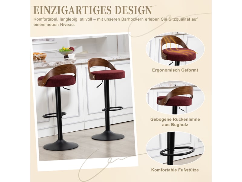  Lot de 2 tabourets de bar pivotants à hauteur réglable - lpospi - dossier ergonomique, lin, rouge vin  - Conforama E