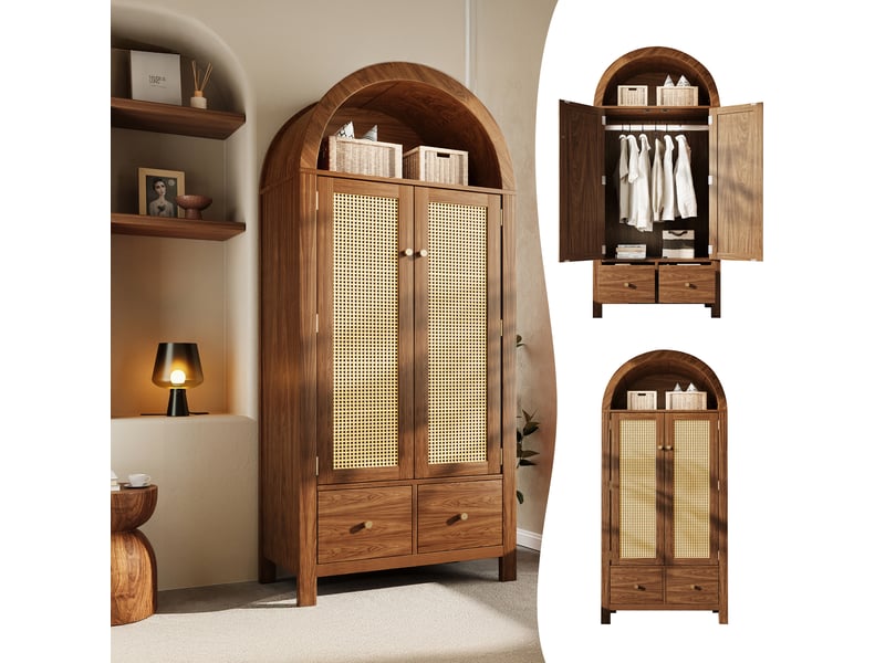  Armoire arquée 2 portes 78 × 45 × 181 cm, 2 tiroirs et rotin, aspect noyer IKSETERA TRADING LTD - Conforama B