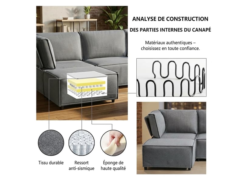  Canapé modulable gris clair 4 places - convertible en lit - tissu lin respirant - design minimaliste  - Conforama R