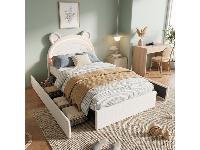  Lit avec rangement enfant 90x200 cm en velours beige avec 4 tiroirs et tête de lit ours led  - Conforama D