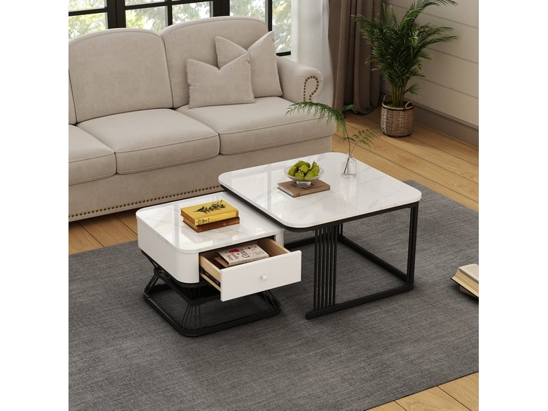 Lot de 2 tables basses carrées avec tiroir, effet marbre blanc et noir - Conforama C
