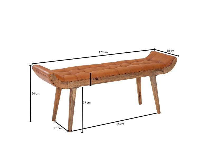  Banc 2 places 125x38x50 cm en cuir et bois de manguier massif  - Conforama D