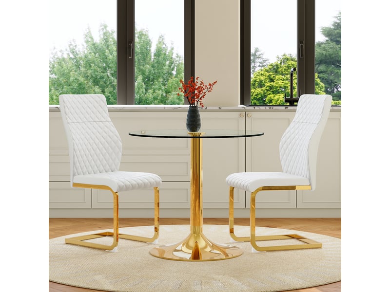  Ensemble table et 2 chaises de salle à manger, table ronde en verre trempé de 85 cm, blanc et doré, style contemporain  - Conforama B