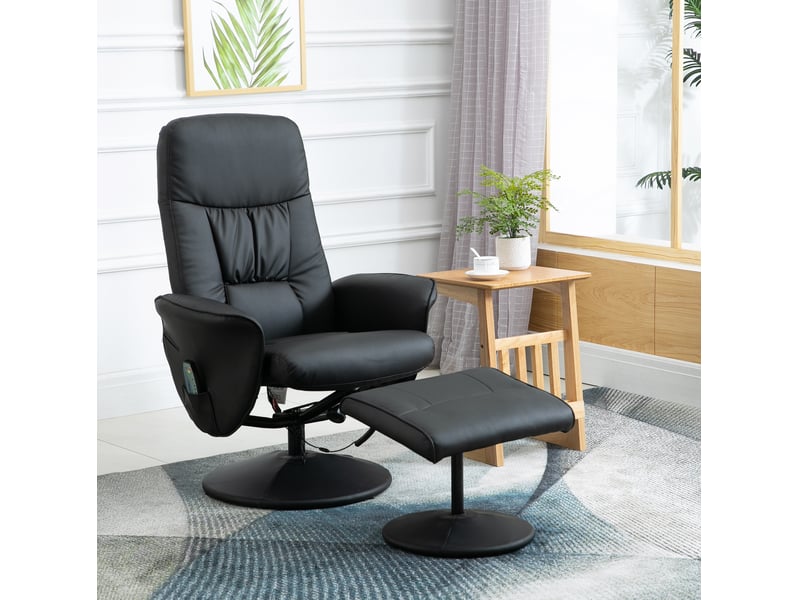  Fauteuil relax massant pivotant avec pouf, dossier inclinable et rangement, en cuir reconstitué noir  - Conforama B