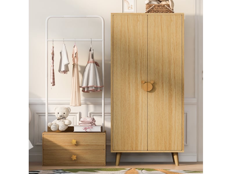  Armoire 2 portes avec penderie, grand espace de rangement et pieds surélevés pour chambre d'enfant en mdf bois clair  - Conforama D