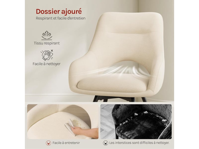  Lot de 6 chaise pivotante salle à manger, fauteuil en chenille, pieds métalliques, dossier creusé, beige  - Conforama E