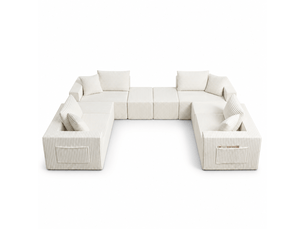Canapé modulable 8 places en velours côtelé beige, assise souple et modules repositionnables