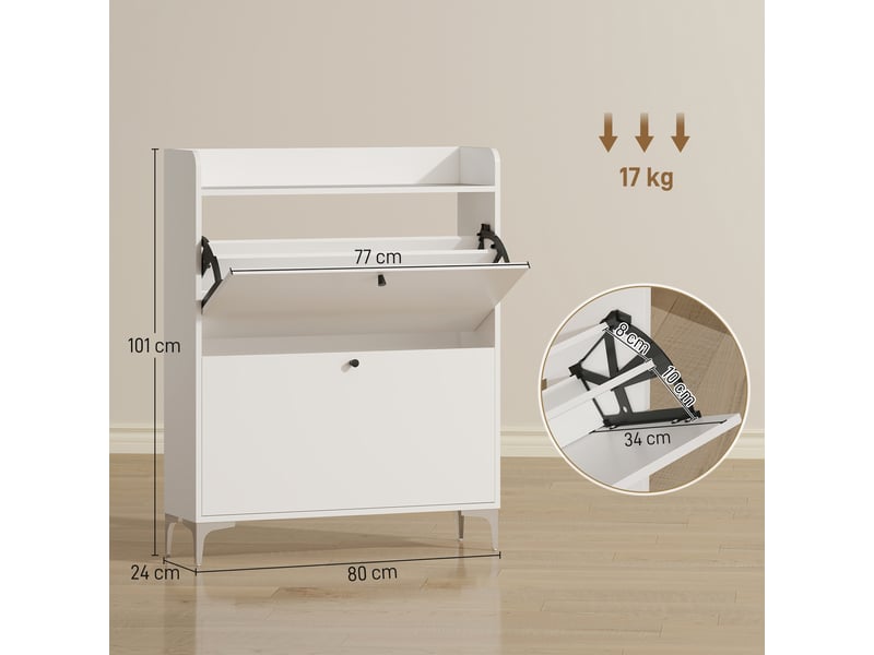  Meuble à chaussures 16 paires, armoire à chaussures avec 2 tiroirs rabattables, étagères réglables, 80x24x101cm, blanc  - Conforama D