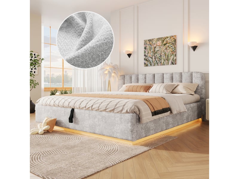 Lit coffre 180x200 cm gris clair, tissu chenille, sommier relevable hydraulique, led contrôlée par appli, sommier à lattes inclus - Conforama R