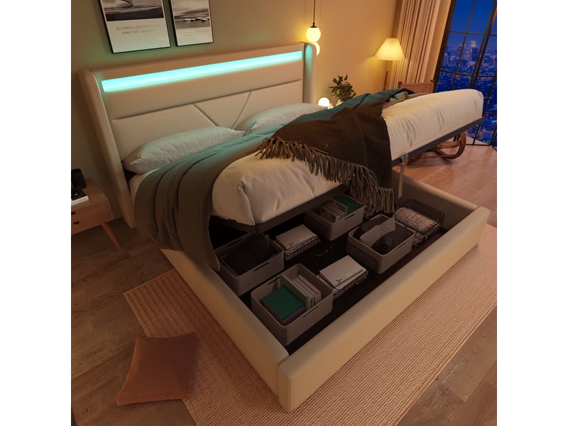  Lit coffre hydraulique 160x200 cm avec rangement, led et sommier à lattes, lit 2 places rembourré en simili cuir - blanc  - Conforama B