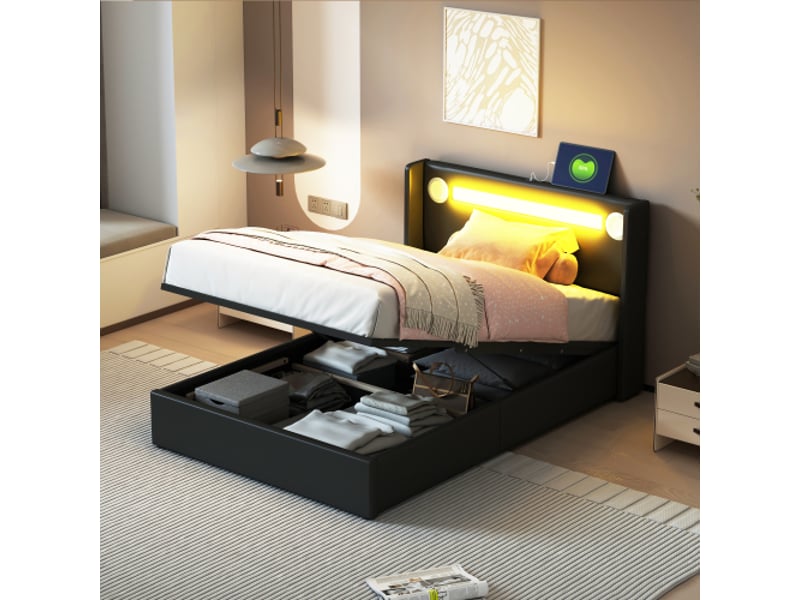  Lit coffre 90x200 cm, lit enfant avec éclairage led, lecteur bluetooth et usb, en cuir pu noir, sans matelas  - Conforama B