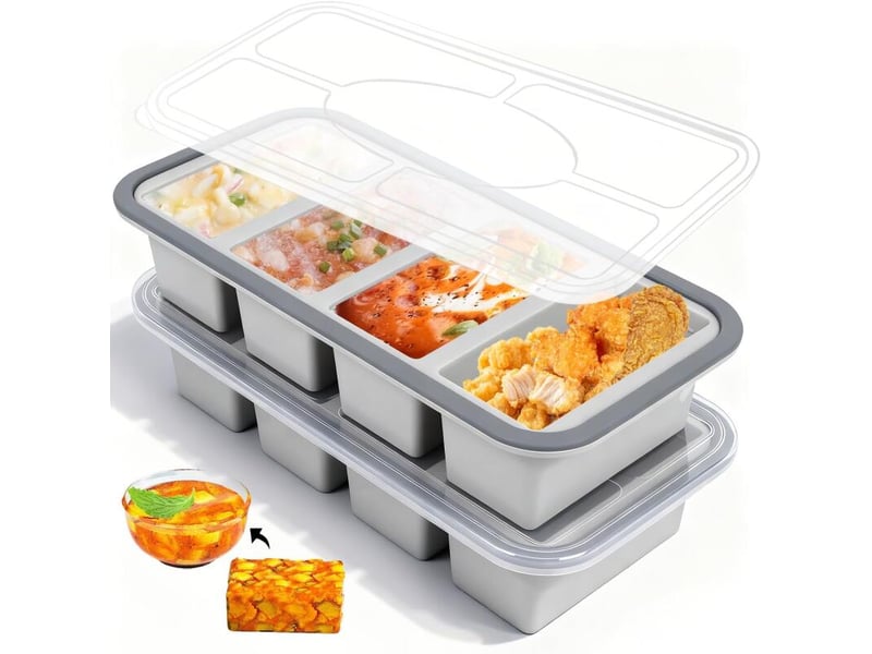 Moule à soupe en silicone avec couvercle, boîte à lunch compartimentée, 4 compartiments, 1000 ml, ensemble de 2 pièces, gris ZYS01848LHY - Conforama A