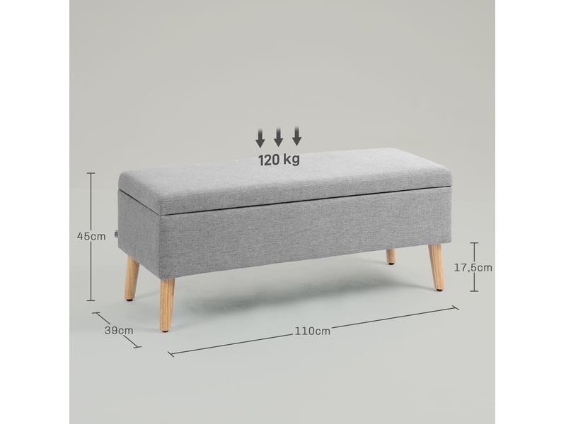  Banc de rangement 110 x 39 x 45 cm gris en polyester, assise rembourrée avec coffre et pieds en bois d'hévéa  - Conforama C