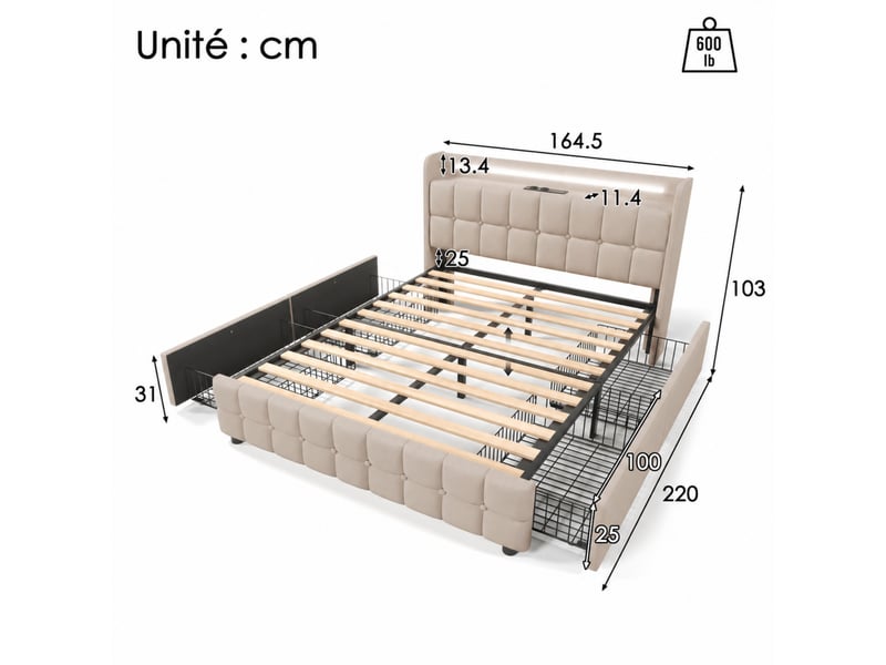  Lit double rembourré 160 x 200 cm, tête de lit led, 2 usb + 2 prises, 4 tiroirs, sommier à lattes, matelas h3 inclus, beige  - Conforama C
