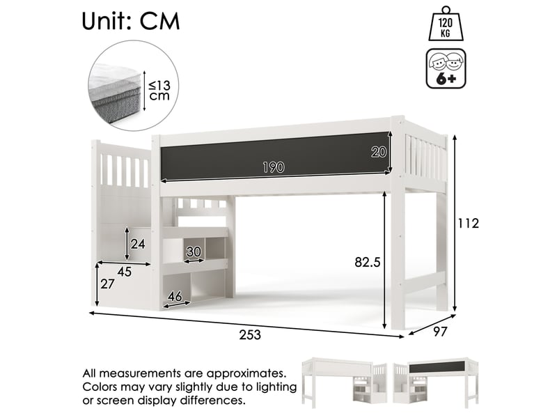  Lit mezzanine enfant 90x200 cm avec escalier de rangement et tableau,coloris blanc  - Conforama C
