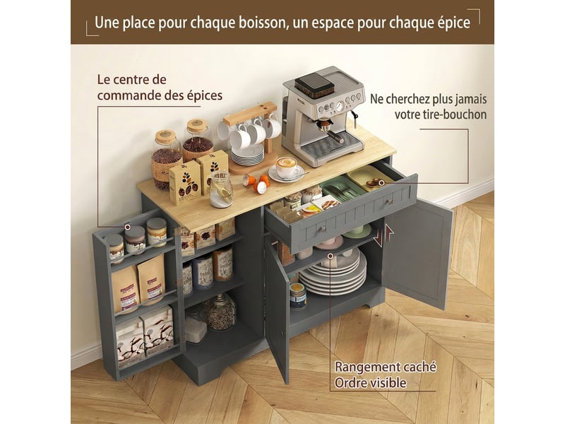  Buffet cuisine, meuble de rangement avec 3 portes, tiroir, étagères de porte et étagère réglable, 105x40x83cm, gris  - Conforama D