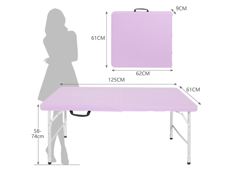 Table de jardin pliante 125 x 61 cm violette, hauteur réglable 58-74 cm avec poignée, pour camping et repas - Conforama C