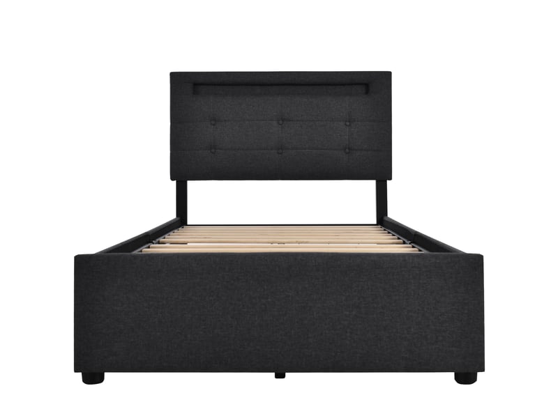  Lit simple 90x200cm cadre de lit avec éclairage led et 2 tiroirs lit simple capitonné sommier à lattes en bois,gris  - Conforama W