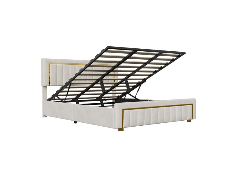  Lit coffre 180x200cm - lit double 180x200 - avec tête en velours, bordures dorées, style moderne chic - blanc crème  - Conforama A