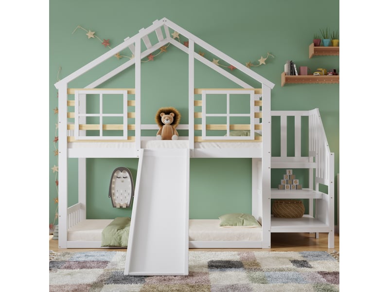 Lit superposé cabane 90 x 200 cm avec toboggan, escalier et barrières, blanc - Conforama B