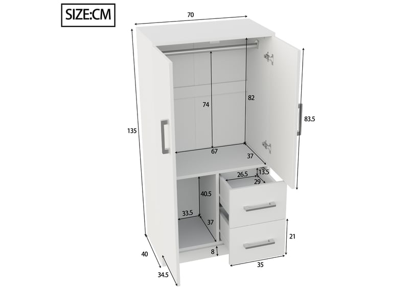 Armoire enfant 70×40×135 cm blanche, 2 portes, avec tiroirs et compartiments de rangement, armoire individuelle - Conforama B