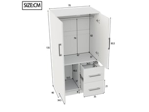 Armoire enfant 70×40×135 cm blanche, 2 portes, avec tiroirs et compartiments de rangement, armoire individuelle