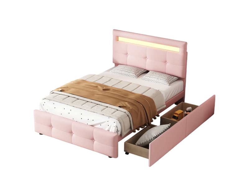  Lit enfant 90x200 cm - lit avec éclairage led et 2 tiroirs, confortable pour enfant, rangement intégré, sans matelas, rose  - Conforama A