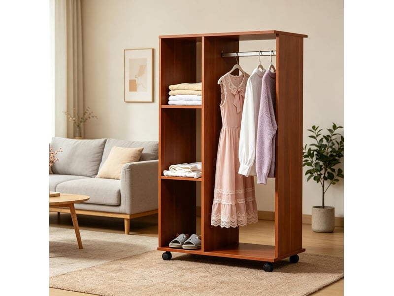  Armoire mobile avec penderie, 3 niches, 4 roulettes verrouillables en panneaux de particules noyer 80 × 40 × 128 cm  - Conforama B