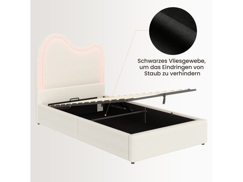  Lit coffre enfant 90x200 cm avec sommier à lattes, lit simple tissu bouclette blanc, tête de lit nuage led, charge 150kg.  - Conforama R