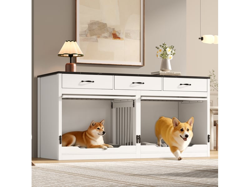  Console 3 tiroirs 164x60x81 cm, grand espace de rangement, structure métallique et panneaux mdf blancs et noirs  - Conforama B