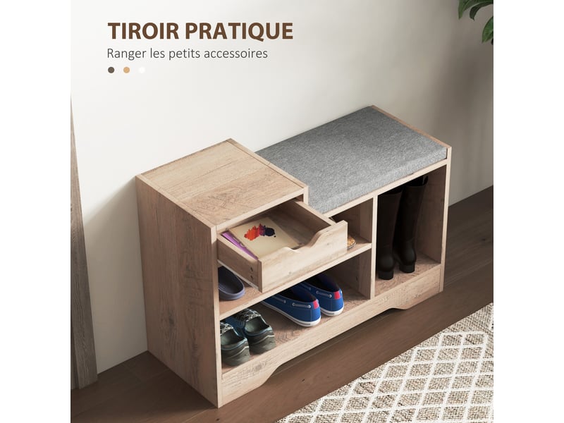Banc à chaussures 1 tiroir et 3 compartiments, 76,5 x 30 x 52 cm gris, avec coussin rembourrée capacité 5 paires - Conforama E