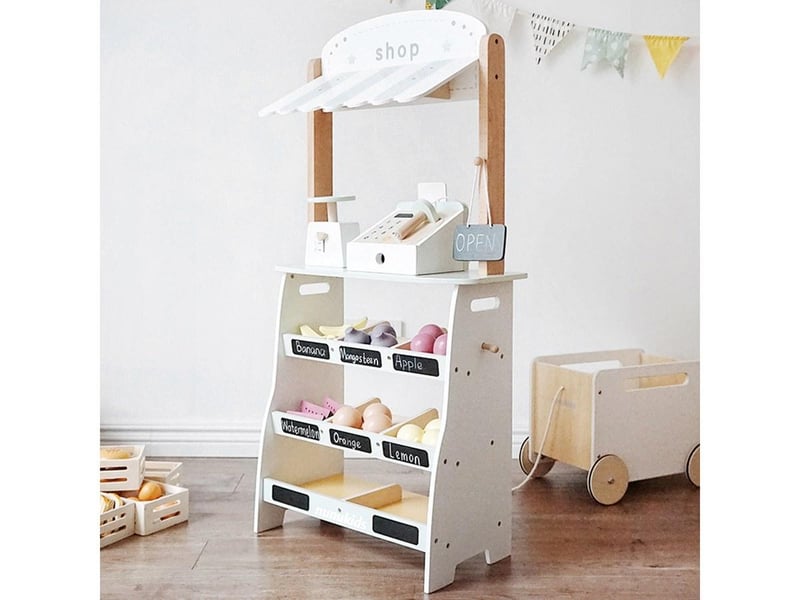  Stand de marché en bois - avec chariot, fruits et accessoires - 95,5 cm GTK449 - Conforama E