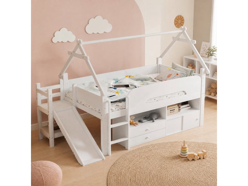  Lit mezzanine enfant 90 x 200 cm blanc avec toboggan, rangement et barrières de sécurité  - Conforama C
