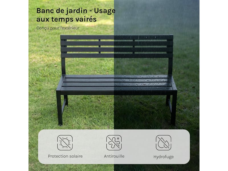 Banc de jardin, banquette extérieure pour 2 à 3 personnes, cadre en métal, 115x55x85 cm, noir - Conforama E