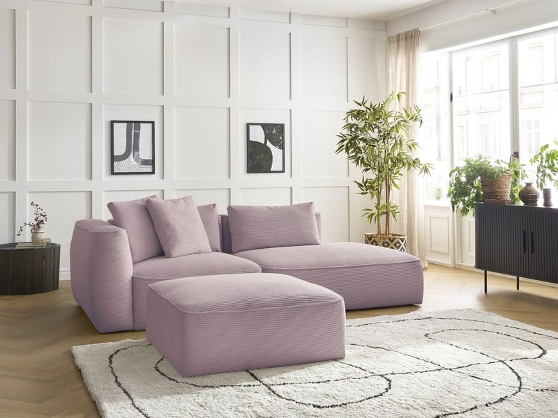 Bobochic canapé droit fixe 3 places leopold velours côtelé avec pouf violet accoudoir gauche LEOPOLD - Conforama D