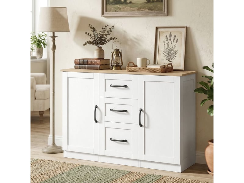  Buffet de salon, meuble de rangement avec 2 portes à fermeture douce et 3 tiroirs, 110 x 35 x 80,4 cm, bois blanc et naturel  - Conforama C