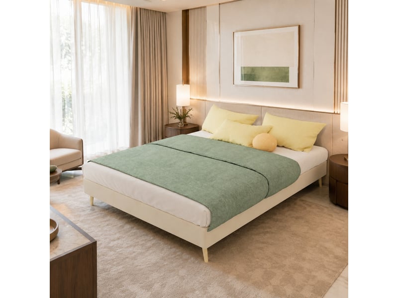  Lit rembourré 140 × 200 cm 2 places avec rangement sous le lit, sans matelas, en tissu beige  - Conforama B