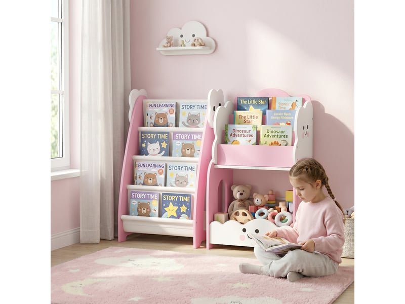 Meuble en bois pour enfant avec porte-revues, bibliothèque à 3 niveaux et table de chevet, 85,5 x 32 x 72 cm, rose et blanc - Conforama B
