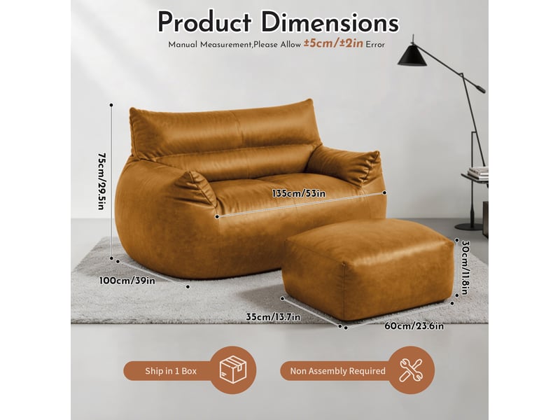  Fauteuil pouf grand format avec repose-pieds, soutien ergonomique et base antidérapante en tissu technique marron  - Conforama C