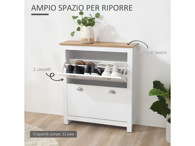  Étagère à chaussures étroite avec 2 tiroirs à rabat et étagère réglable pour 12 paires de chaussures, 79 x 23 x 90,5 cm, blanche  - Conforama E