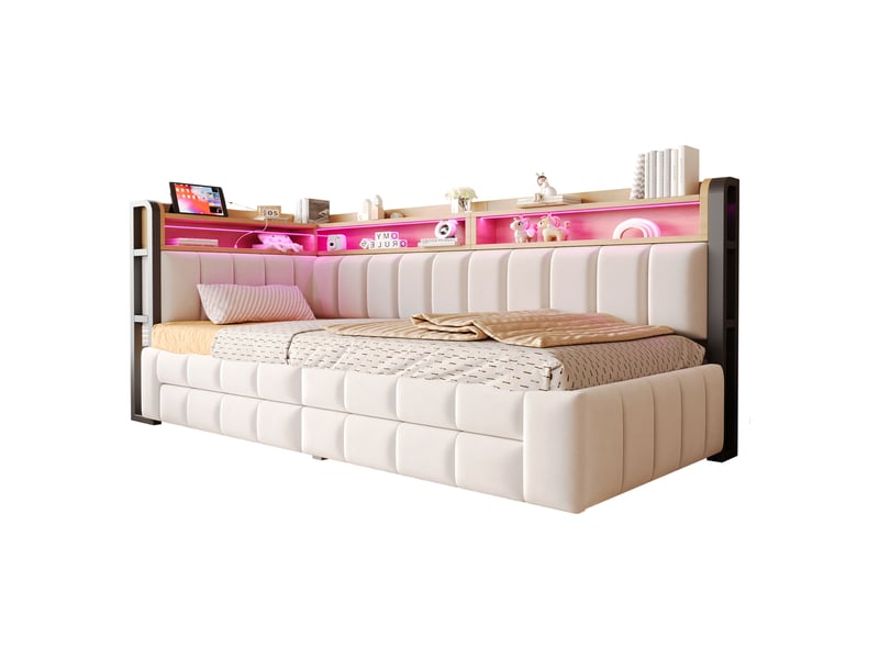  Canapé-lit 90180x200 cm, lit enfant, couchage d'appoint, tiroirs, couchage gigogne extensible, étagères, velours beige, led  - Conforama B